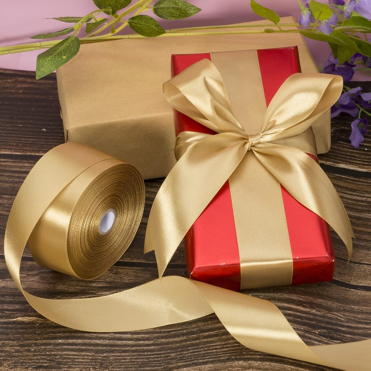 1 1/2 Inch Champaign Gold Solid Satin Ribbon, 50 Yards Craft Fabric Ribbon for Gift Wrapping Floral Bouquets Wedding Party Decoration
